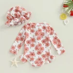Baby Girls Swimsuit Long Sleeve Flower Print Zipped Bikini with Hat Newborn Swimwear for Summer Kids Bathing Suits - Image 2