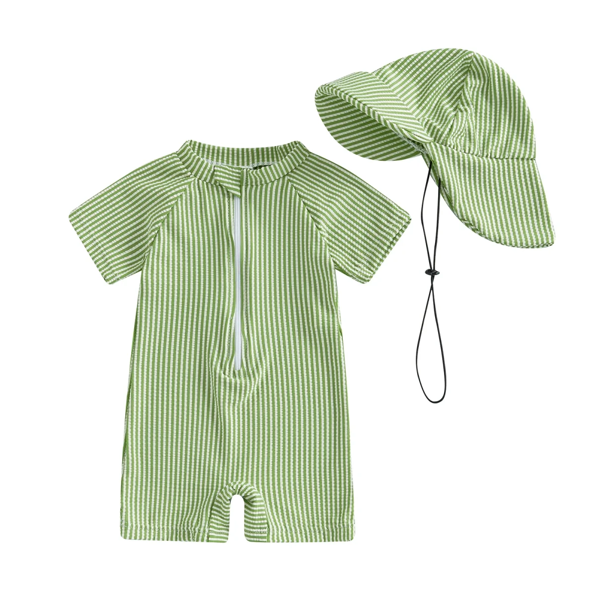 MISOWMNJOY Baby Girl Boy Swimsuit Summer New Stripe Print Kids Beachwear Short Sleeve Half Zipper Rash Guard Swimwear Sunhat Set - Image 9