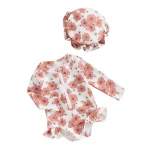 Baby Girls Swimsuit Long Sleeve Flower Print Zipped Bikini with Hat Newborn Swimwear for Summer Kids Bathing Suits - Image 7