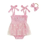 Baby Girls Birthday Clothes Letter Embroidery Skirt Hem Tie-Up Shoulder Straps Bodysuits with Headband - Image 11