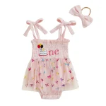 Baby Girls Birthday Clothes Letter Embroidery Skirt Hem Tie-Up Shoulder Straps Bodysuits with Headband - Image 7
