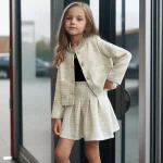 2025 Girls Outfits Set Chic Tweed Jacket Skirt Two Pieces Teen Children Costumes Stylish Spring Autumn Kids Clothes10 12 Years