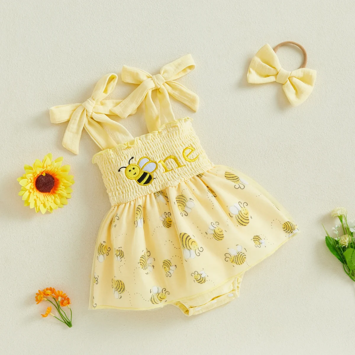 Baby Girls Birthday Clothes Letter Embroidery Skirt Hem Tie-Up Shoulder Straps Bodysuits with Headband - Image 5