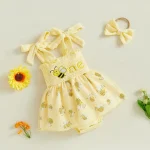 Baby Girls Birthday Clothes Letter Embroidery Skirt Hem Tie-Up Shoulder Straps Bodysuits with Headband - Image 5