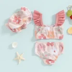 Toddler Baby Girls Summer Swimsuit Floral Print Fly Sleeve Tankini Tops Swim Shorts Swim Cap 3 Pieces Bathing Suit Beach Bikini - Image 4