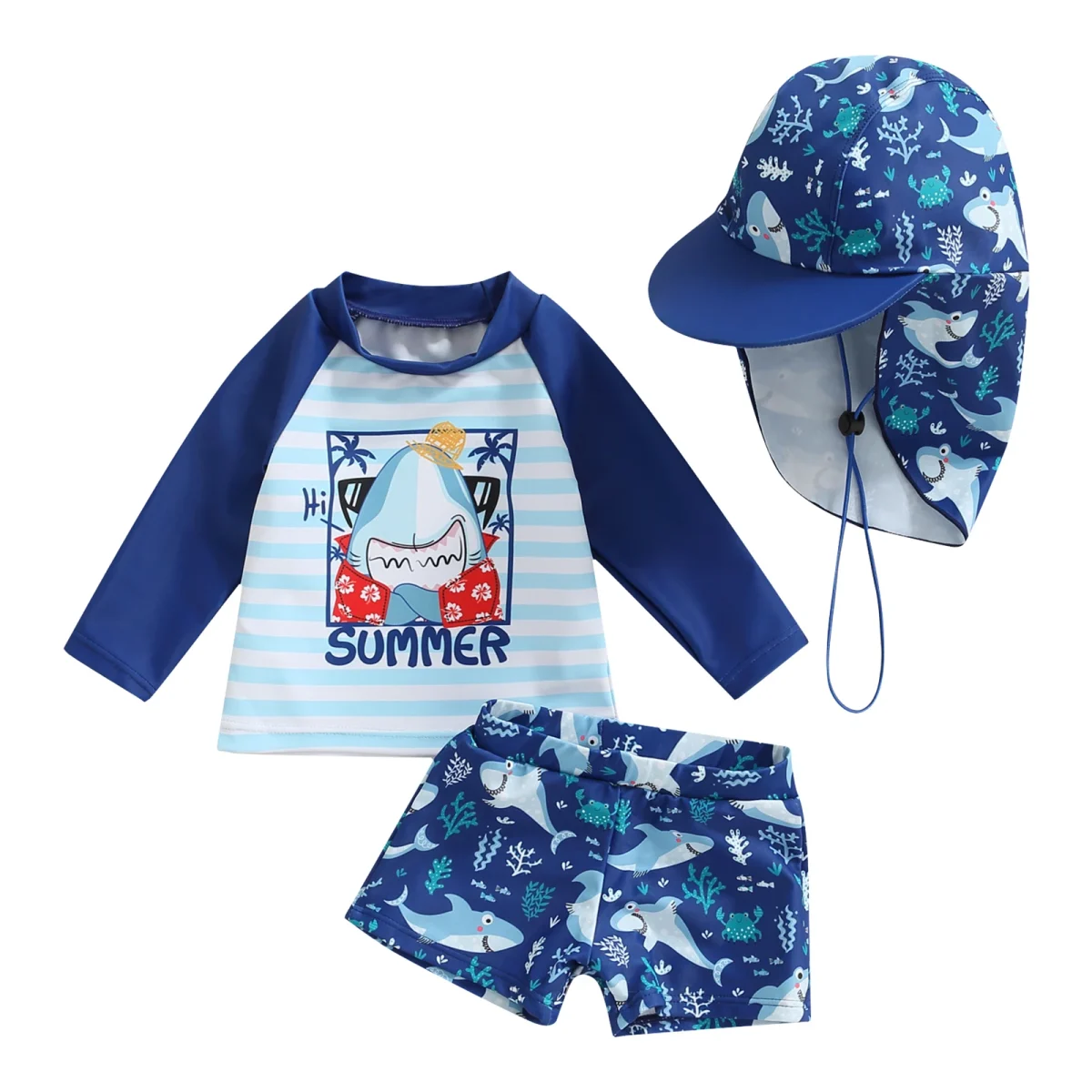 Citgeett Summer Kid Boy Swimsuit Cartoon Striped Print Beach Long Sleeve Tops + Shorts + Hat Clothes - Image 7