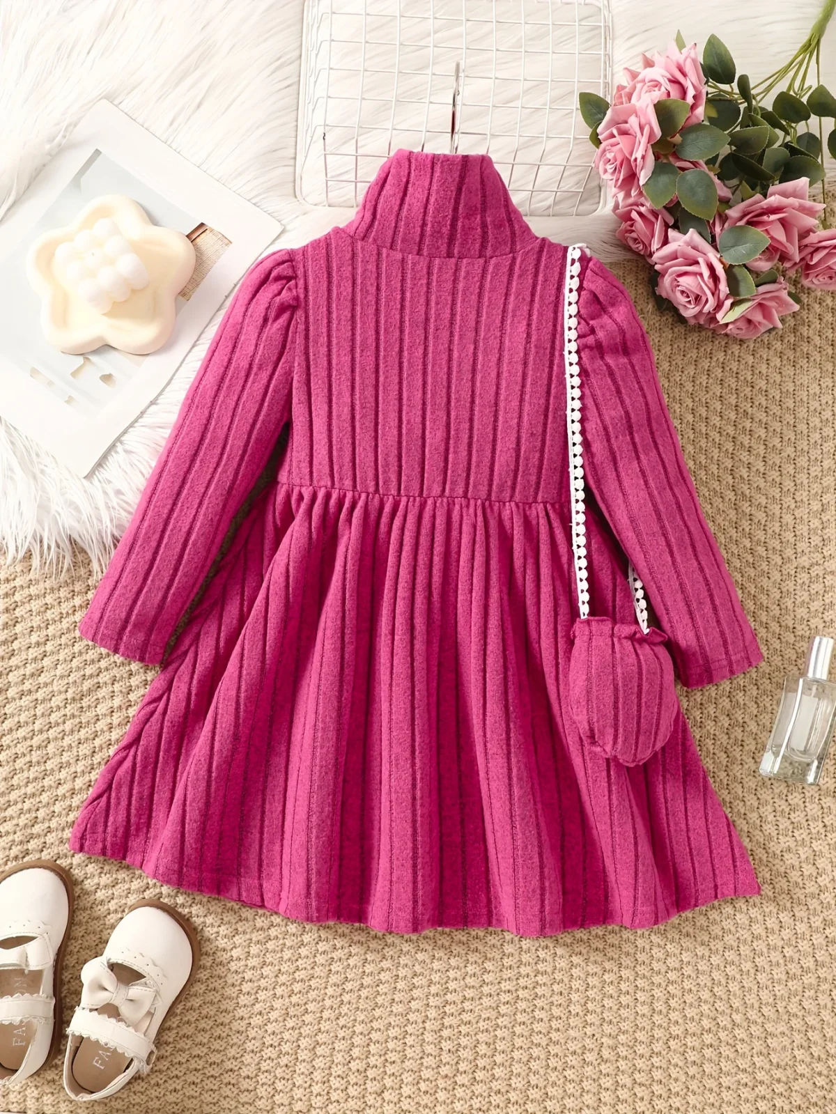 Girls' dress with soft texture fabric, high neck dress, small bag accessories, long sleeved dress, worn by 4-7 years old - Image 4