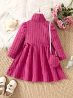 Girls' dress with soft texture fabric, high neck dress, small bag accessories, long sleeved dress, worn by 4-7 years old - Image 4