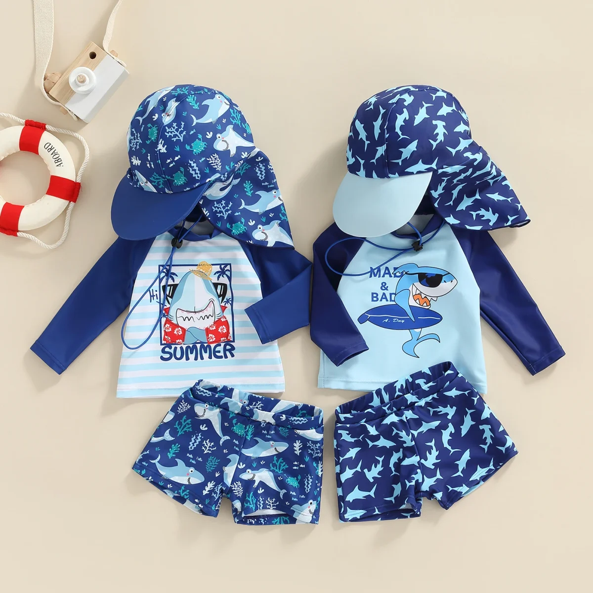Citgeett Summer Kid Boy Swimsuit Cartoon Striped Print Beach Long Sleeve Tops + Shorts + Hat Clothes - Image 1