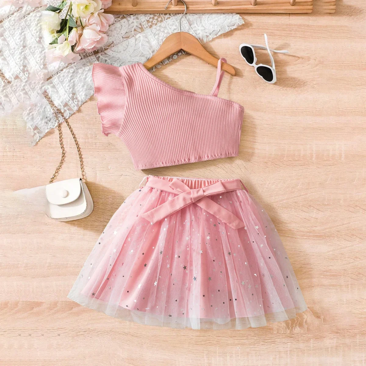 Sweet Girls Clothes Set 3-8 Yrs Off Shoulder Top and Star Sequin Skirt Summer Outfits Children's Causal Birthday Clothing Suit - Image 2