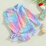 Baby Girl Fish Scale Print Swimsuit 1Piece Long Sleeve Swimwear Floral Zipper Ruffle Toddler Bathing Suit Beach Outfit - Image 2