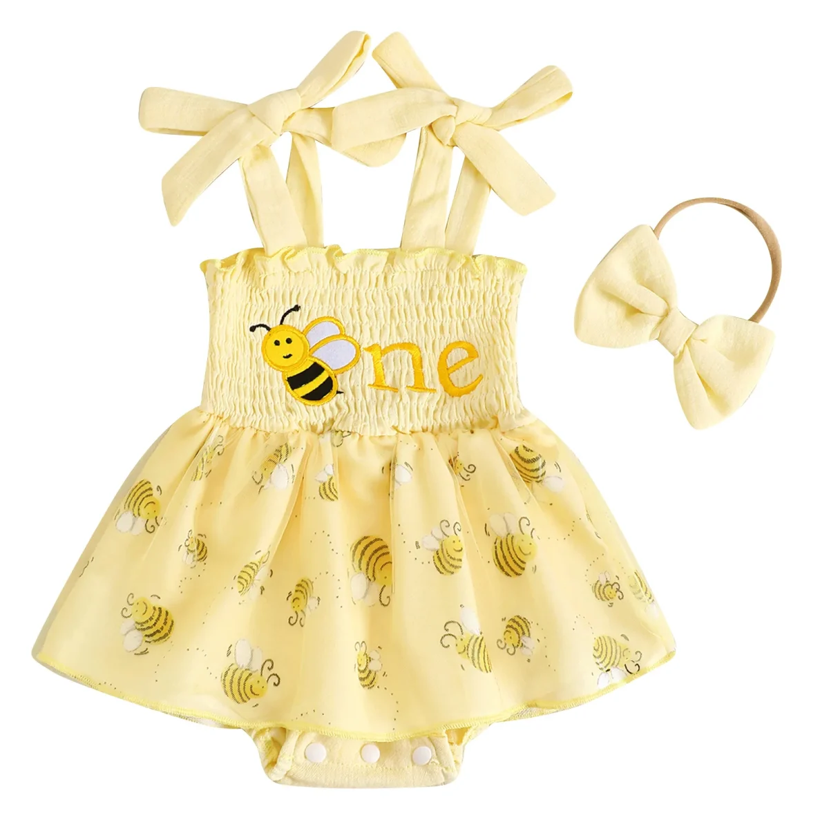 Baby Girls Birthday Clothes Letter Embroidery Skirt Hem Tie-Up Shoulder Straps Bodysuits with Headband - Image 8