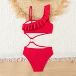 Bikini Girls Kids Swimsuits One Shoulder Ruffles Swimwear Solid Color Backless Bathing Suit - Image 2