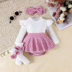 2PCS In Autumn, Baby Girls Aged 0-1 Years Old Have Comfortable Sweet And Cute Black Top + Houndstooth Skirt + Hair Band - Image 9